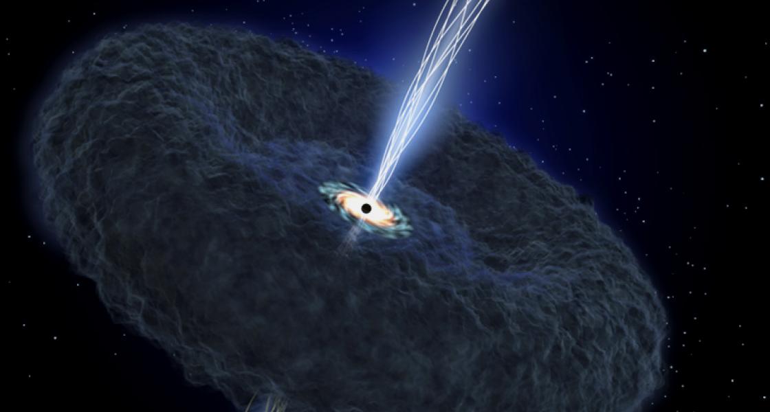 An accretion disk forms stars around a black hole's equator at the same time the black hole is feasting on vast amounts of matter.