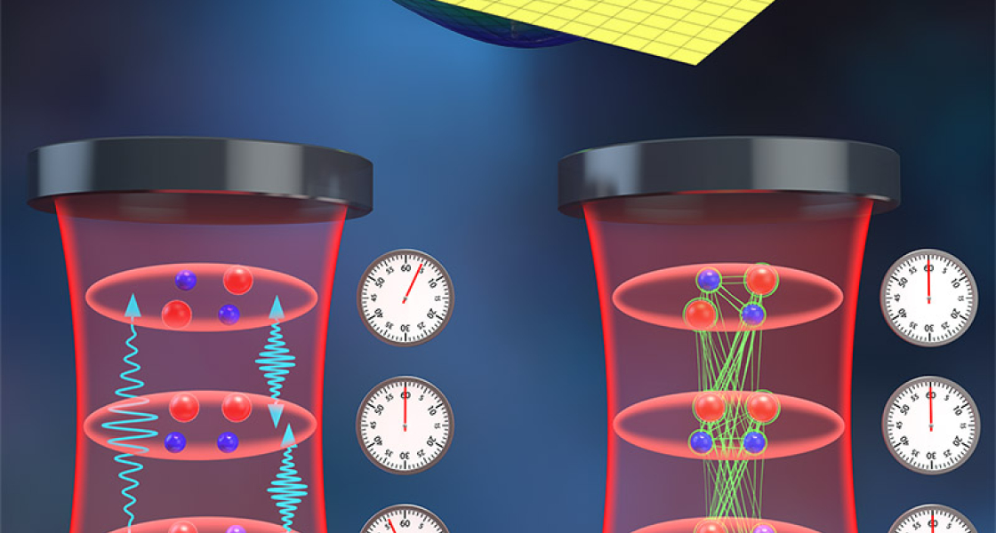 An optical lattice clock)embedded in the curved spacetime formed by the earth’s gravity. Dynamical interplay between photon-mediated interactions and gravitational redshift can lead to entanglement generation and frequency synchronization dynamics.