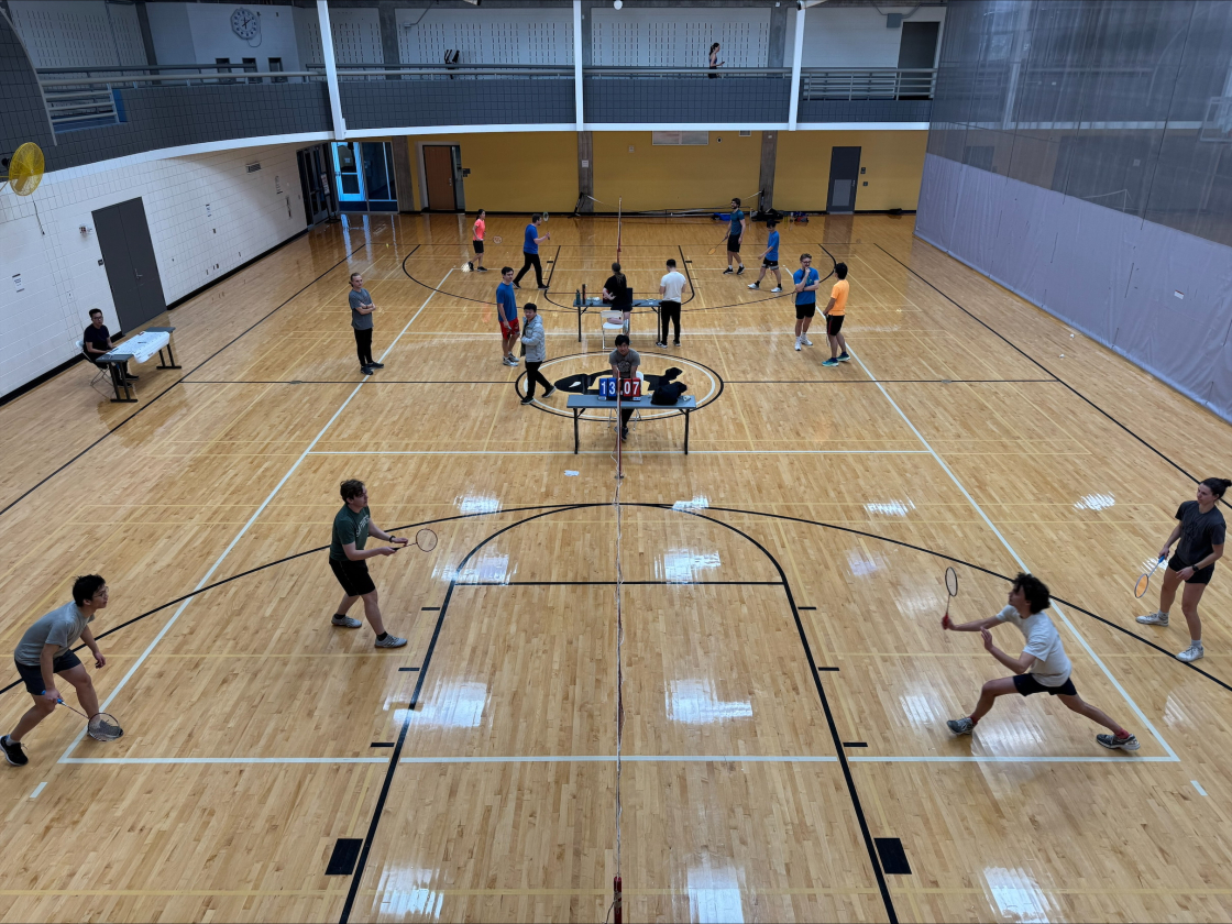 A bird's-eye view of the badminton tournament at the CU Boulder rec center