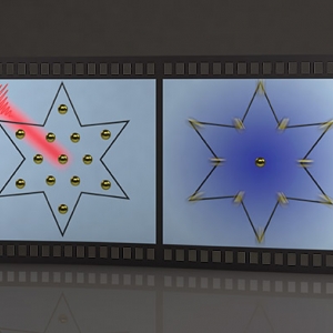 A film reel of 4 frames shows an artist's depiction of atoms in a start shape being blasted by a laser and then responding
