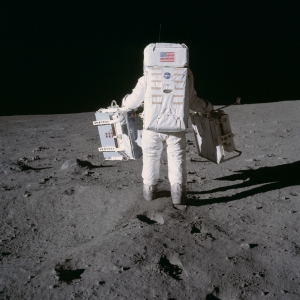 Buzz Aldrin carrying Laser Ranging Retroreflector on the moon July 20 1969