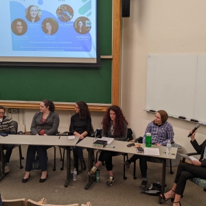 Panelists from left to right: Ana Maria Rey (JILA and NIST), Judith Olson (ColdQuanta), Johanna Zultak (Maybell Quantum), Star Fassler (Vescent), Sara Campbell (Quantinuum), and moderator Brittany Mazin (ColdQuanta)
