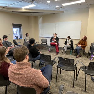 The Women in Science Panel discussion. (Left to Right) Panelists: Ellen Keister, the Director of Education for the STROBE Center within JILA; Ana Maria Rey, JILA and NIST Fellow; Margaret Murnane, JILA Fellow; and Kenna Hughes-Castleberry, JILA Science Communicator 