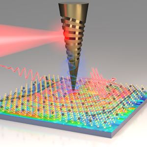 The tip of an Atomic Force Microscope (AFM) measuring the differences in surfaces of a 2D material