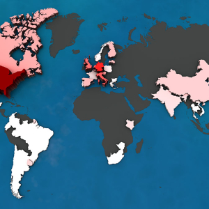 World map of number of survey responses. Shown on a log scale, each colored country has at least one response; countries in gray have no responses.