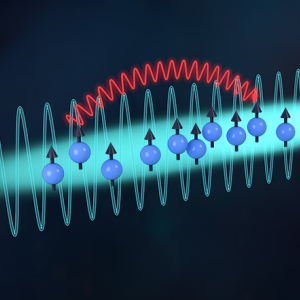 A pencil-shaped ultracold gas of frozen two-level atoms interacting via photon-mediated interactions, with elastic and inelastic components. A continuous laser drive excites the atoms on-resonance. Atoms also spontaneously emit photons into free-space.