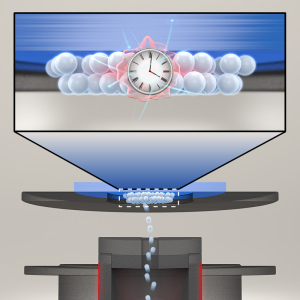 A schematic of the deposition process, as thorium ions get vaporized then deposited in a thin film on the substrate's surface. 