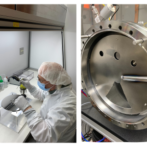 Former Keck Lab director David Alchenberger works on the iridium coating on the target apparatus in the JILA clean room for SUDA and the metal mask used in the instrument. 
