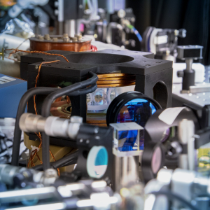 A round glass cell (centre, in black frame) is designed to hold a gas of molecules cooled to 50 billionths of a Kelvin. 