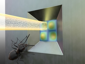 Illustration of a laser-light experiment to measure the position of a tiny drum.