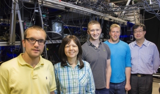 Photograph of Steve Moses, Deborah Jin, Matt Miecnikowski, Jake Covey, and Jun Ye.