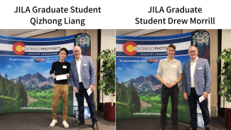 JILA graduate students Qizhong Liang and Drew Morrill receiving awards for their poster presentations at CPIA