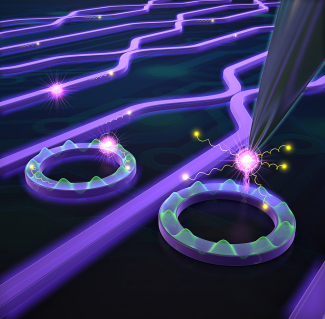 Hybrid integration of a designer nanodiamond with photonic circuits via ring resonators.