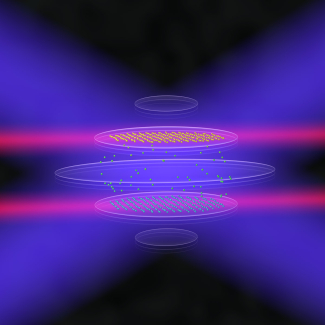 Bilayer crystals of trapped ions can be realized in devices called Penning traps, and lasers (shown in red and blue) can be used to manipulate the ions and engineer interactions between them. Such crystals may open new avenues for quantum technology applications.