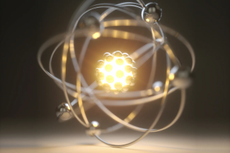 An atom with a glowing nucleus