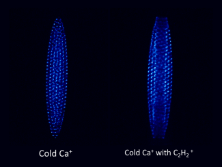 Pictures of pure calcium and mixed Coulomb crystals.