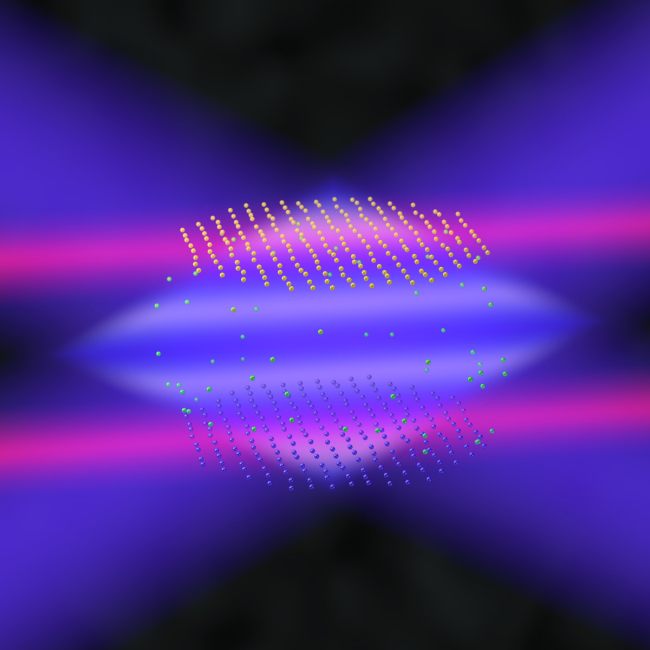 Bilayer crystals of trapped ions can be realized in devices called Penning traps, and lasers (shown in red and blue) can be used to manipulate the ions and engineer interactions between them. Such crystals may open new avenues for quantum technology applications. Image Credit Steven Burrows/JILA