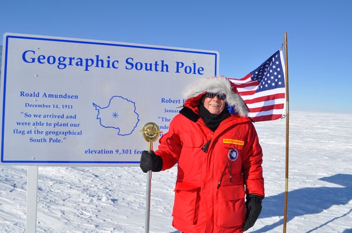 On a balmy (-30 °F) summer day in late November of 2012, Carl Lineberger stands on 9000 feet of ice at the South Pole. The South Pole visit was part of a five-day fact-finding trip to Antarctica by three members of the National Science Board, which oversees the National Science Foundation and provides policy advice to the President and Congress. Credit: Scott Borg, NSF.