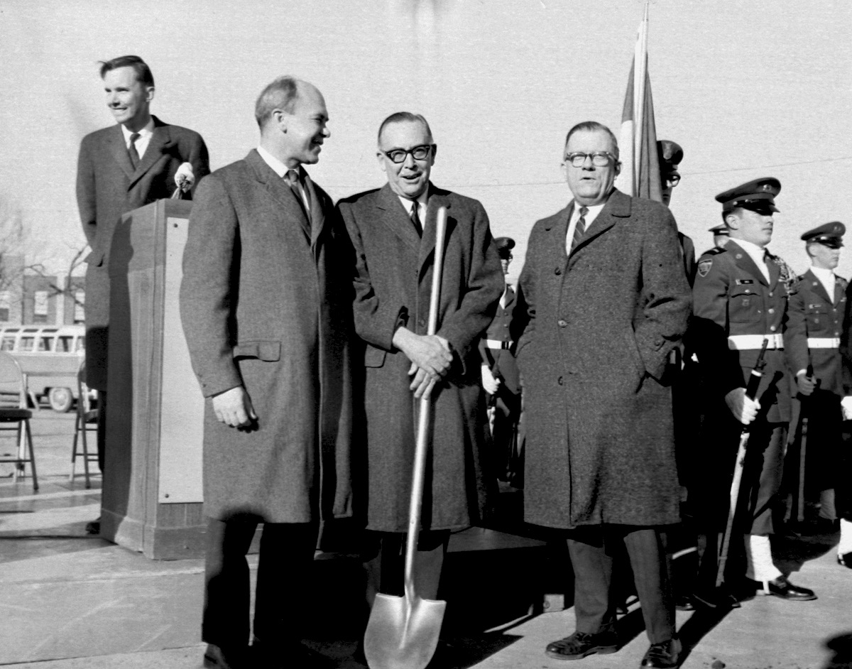 Groundbreaking ceremony for the new JILA laboratory wing  and the 10-story office tower, February 25, 1965 (l-r) Lewis  Branscomb, Chair of JILA; Donald Hornig, Science Advisor to  President Lyndon Johnson; Joseph Smiley, CU President, and  Robert Huntoon, Director of the Institute for Basic Standards  at NBS. Credit: University of Colorado Publications Service