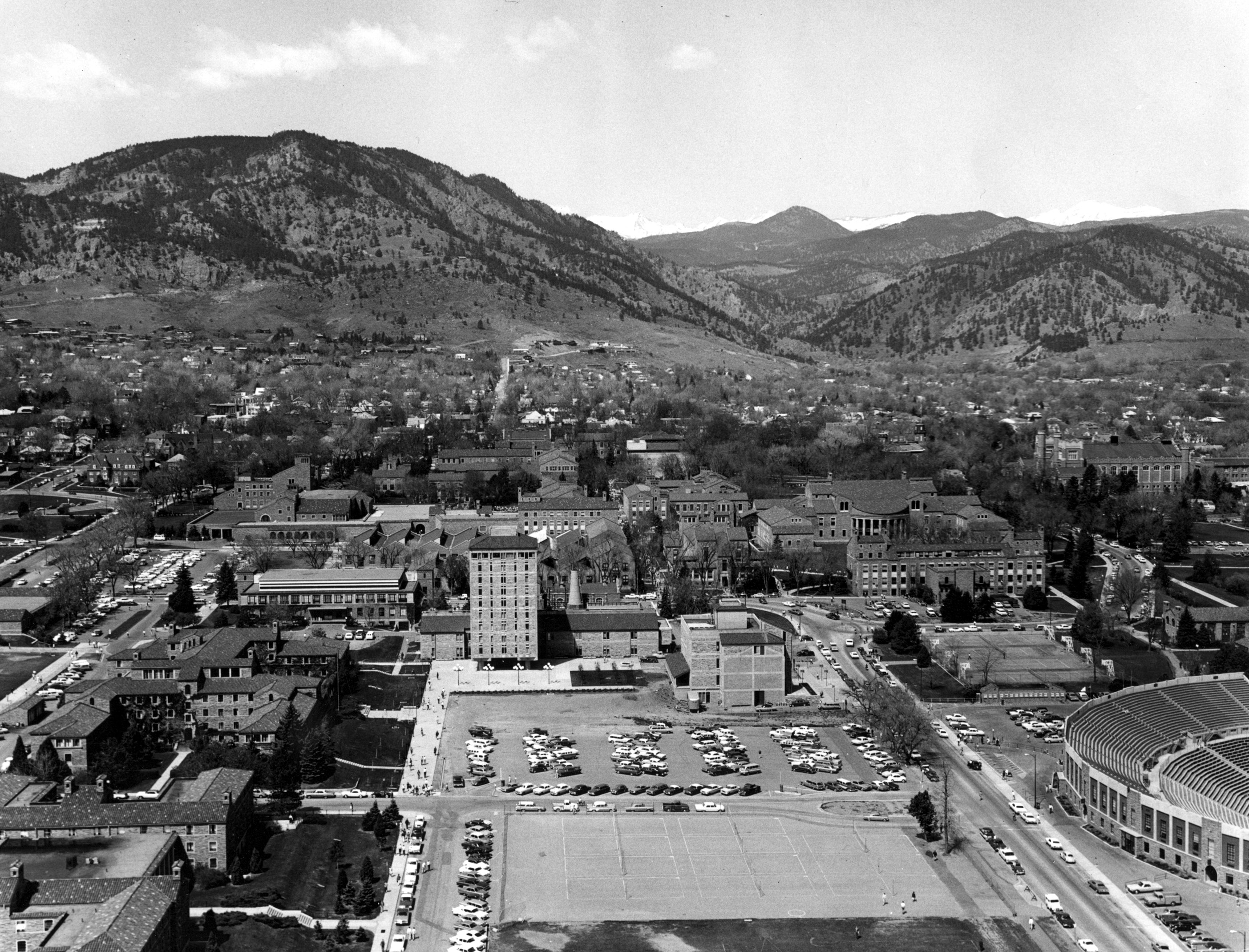 Aerial view of the newly completed JILA tower situated on  the University of Colorado at Boulder campus, 1967. Credit:  University of Colorado Publications Service