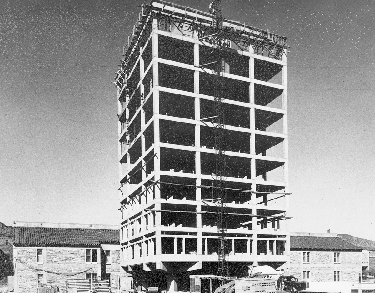 JILA tower (circa 1966) under construction in front of the  recently completed laboratory wing, now known as the  B-wing of the Duane Physical Laboratories complex. Credit:  JILA