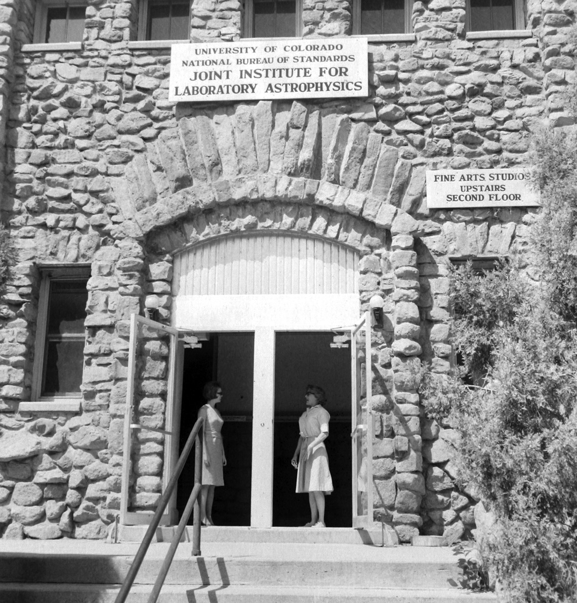 Close up of entrance to the old State Armory Building,  JILA’s first home on the University of Colorado campus.  Credit: JILA
