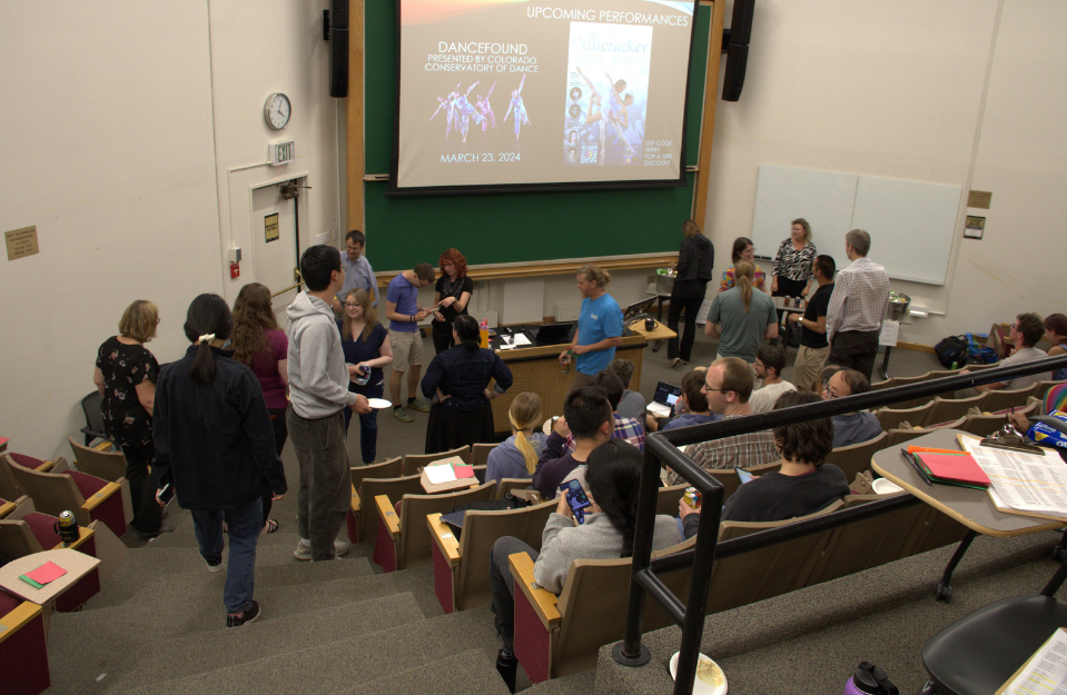 JILA students, staff, and Fellows mix during the intermission of the JILA-X talks