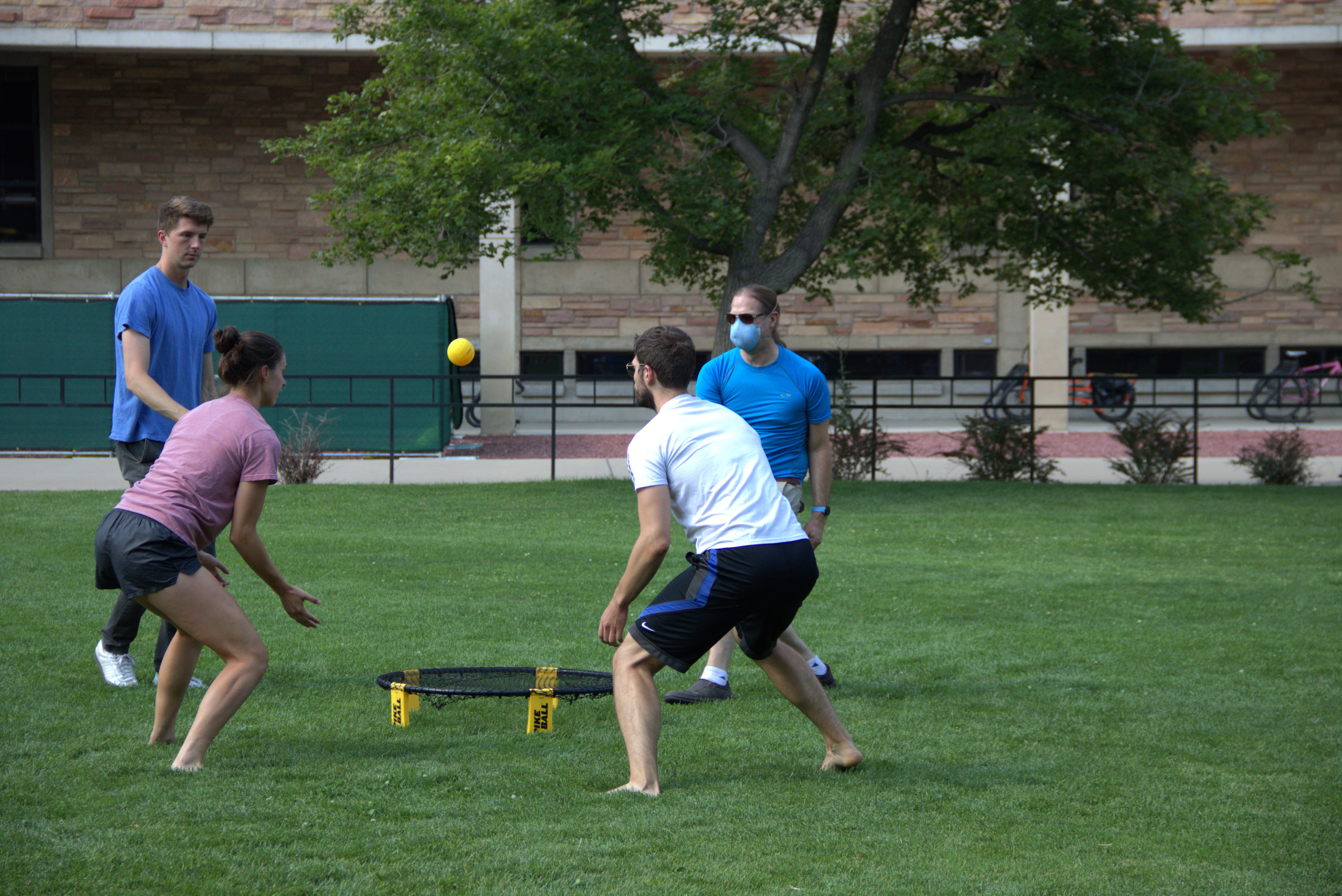 Pairs of players from both the Sun group and Lehnert group play spike ball to try to win the JILA cup. This game includes JILA staff member J.R. Raith