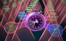 optical tweezers holding atoms, connected by a clock