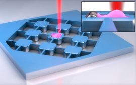 An illustration of the efficient and continuously operating electro-optomechanical transducer whose mechanical mode has been optically sideband-cooled to its quantum ground state. This is the tool that will be used to convert microwave photons into optical photons to eventually send quantum signals over long distances.