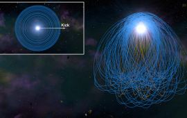 Planetesimal orbits around a white dwarf. Initially, every planetesimal has a circular, prograde orbit. The kick forms an eccentric debris disk which with prograde (blue) and retrograde orbits (orange).