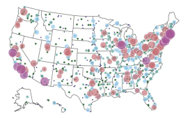 Map of the United States with colored bubbles. Largest bubbles are on the East and West Coasts