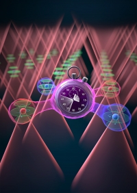 optical tweezers holding atoms, connected by a clock
