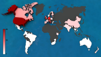 World map of number of survey responses. Shown on a log scale, each colored country has at least one response; countries in gray have no responses.