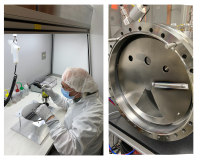 Former Keck Lab director David Alchenberger works on the iridium coating on the target apparatus in the JILA clean room for SUDA and the metal mask used in the instrument. 